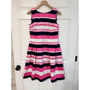 Talbots Striped Pink Navy‎ White Cotton Blend Fit Flare Dress Size 6